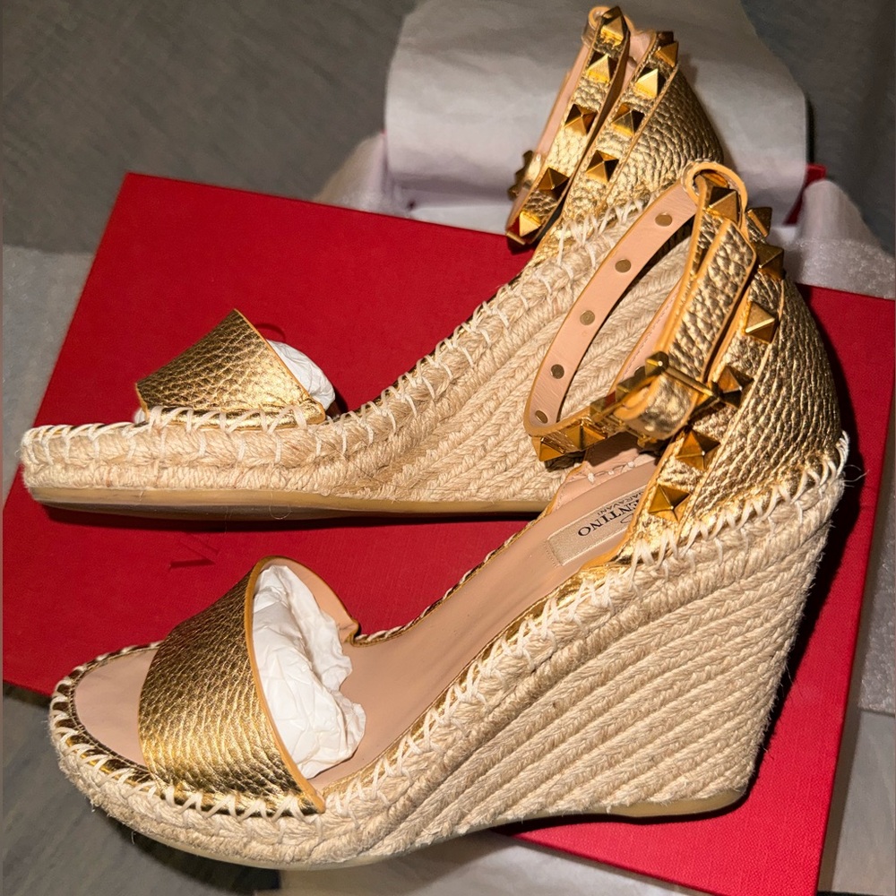 Valentino Gold Leather Rockstud  Ankle-Strap Espadrille Wedges